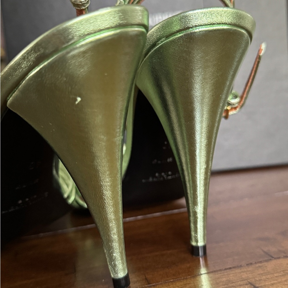 Saint Laurent Metallic Green Strappy “Tina Sandals” Heels - Picture 12 of 12